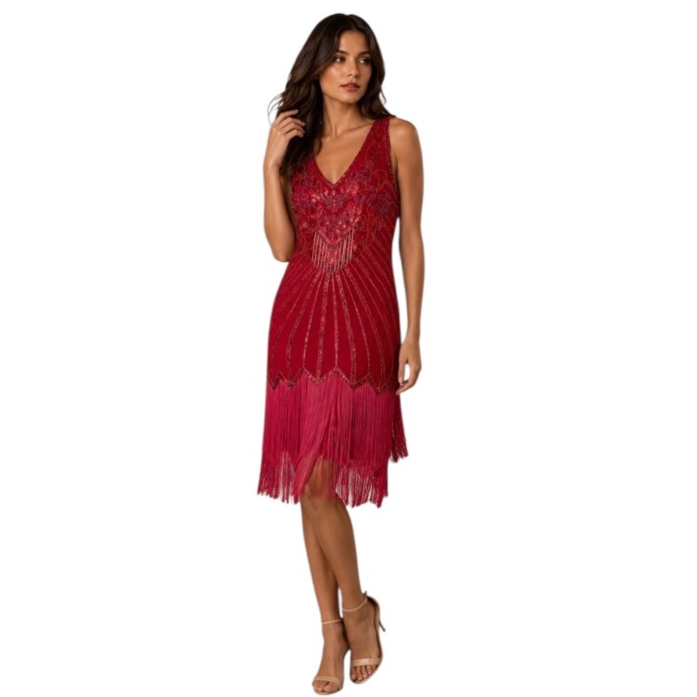 Vintage Hot Pink Fringe Sequin Beaded Sleeveless Flapper Style Dress Sz S